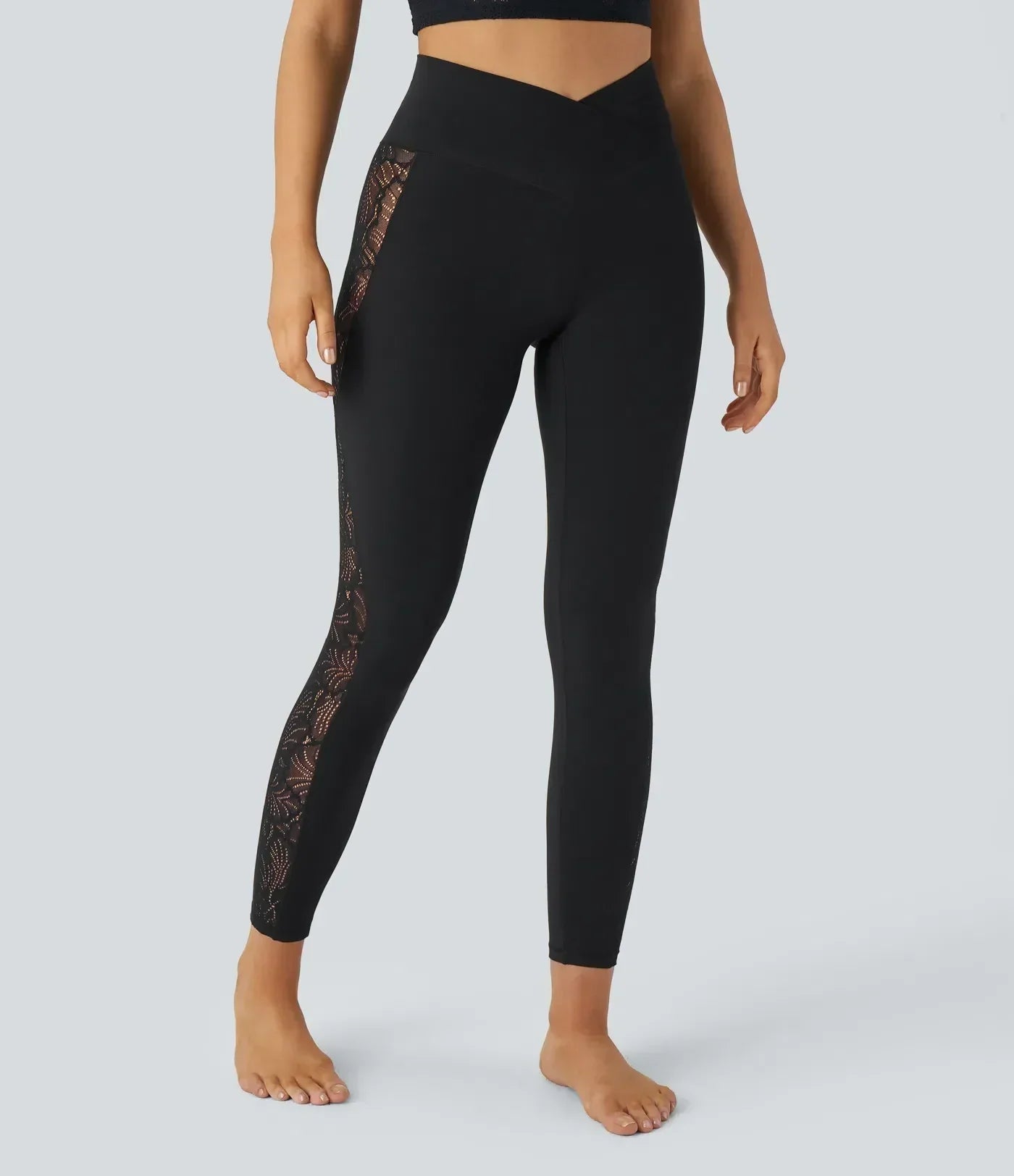 SoftlyZero™ High Waisted Crossover Contrast Lace Pocket Yoga Leggings-UPF50+
