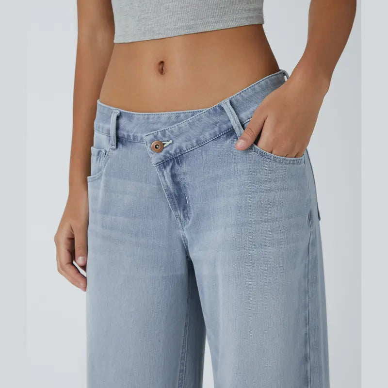 TheFitara Flex Asymmetric Low Rise Zipper Pockets Baggy Wide Leg Washed Casual Jeans
