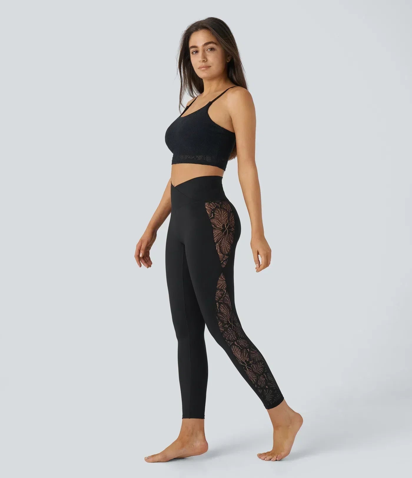 SoftlyZero™ High Waisted Crossover Contrast Lace Pocket Yoga Leggings-UPF50+