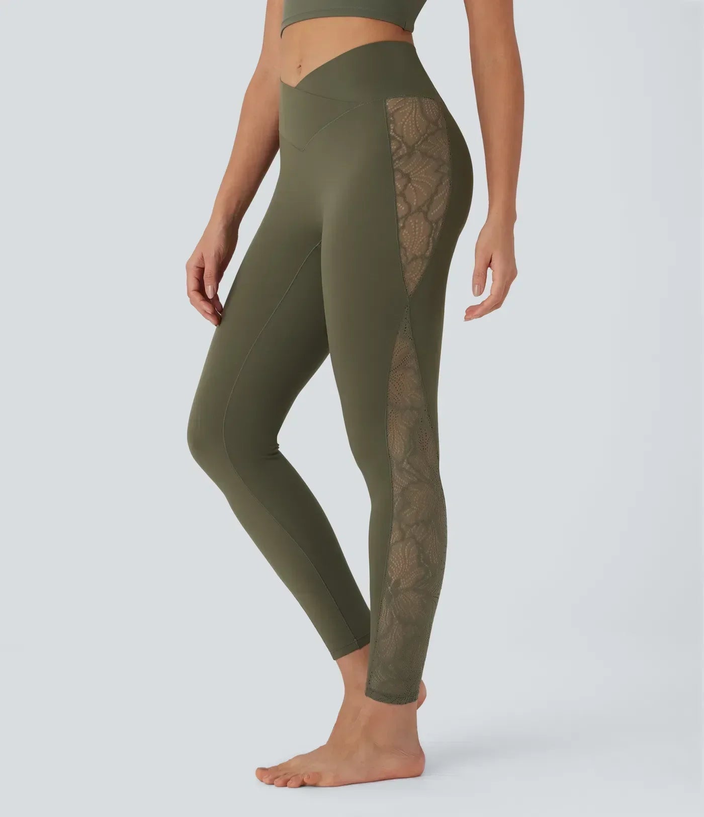 SoftlyZero™ High Waisted Crossover Contrast Lace Pocket Yoga Leggings-UPF50+
