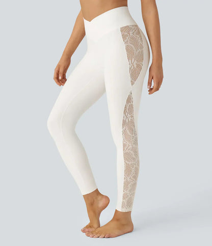 SoftlyZero™ High Waisted Crossover Contrast Lace Pocket Yoga Leggings-UPF50+